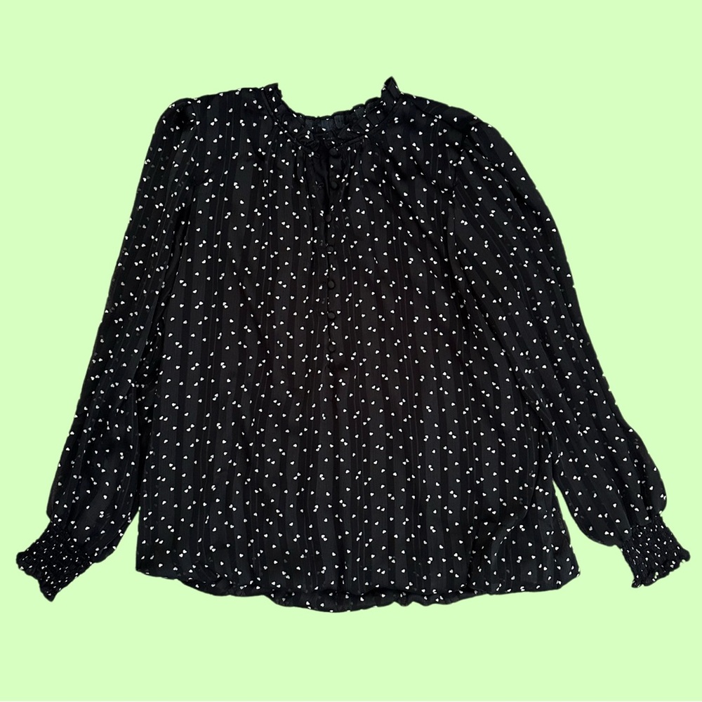 1x Flowy Heart Print Girly Blouse Sheer Sleeves